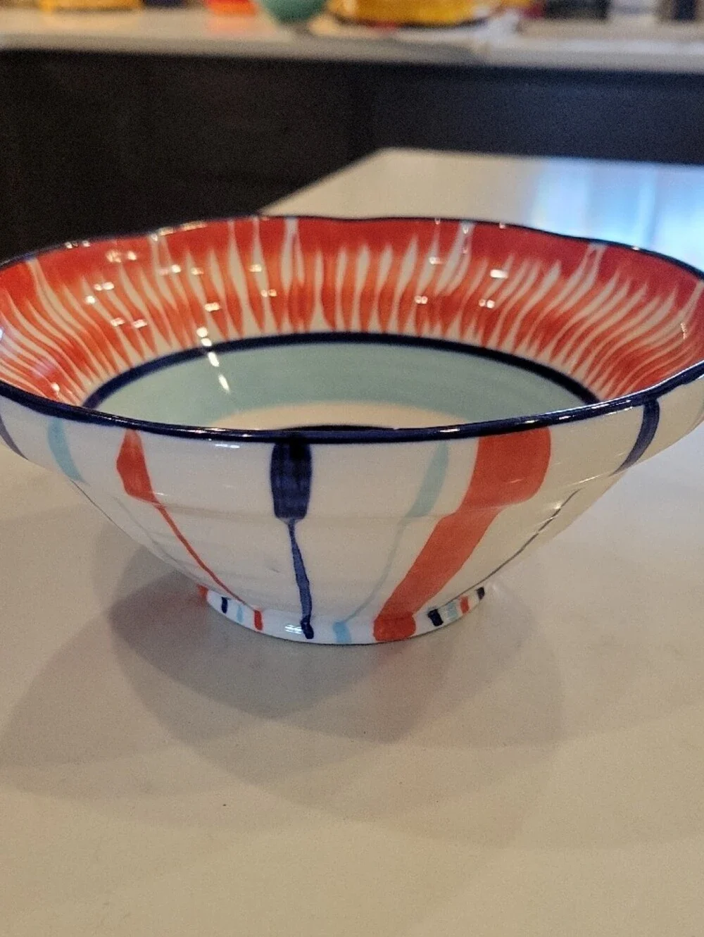 Anthropologie Bellina Red, Light Blue & Navy Handpainted Ceramic Bowl